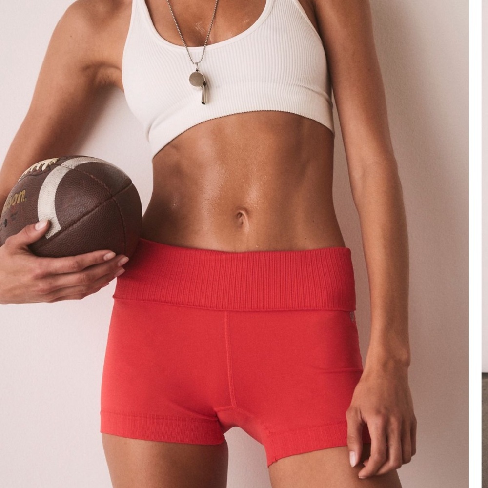 Free People Ribbed Fold-Over Waist Red Athletic Shorts